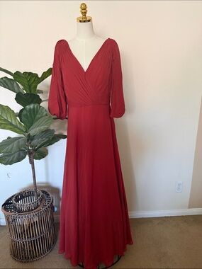 Red V-Neck Maxi Dress with Bishop Sleeves